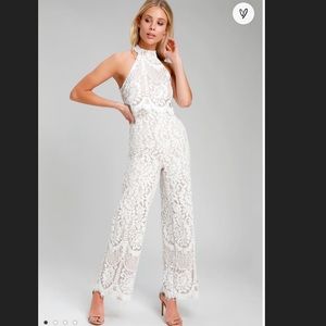 Lulus Britney White Lace Halter Jumpsuit (Size S)